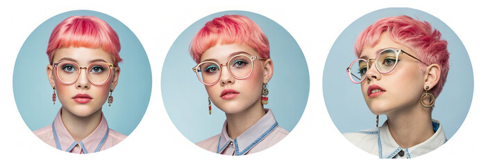 Round portraits - avatars of a young woman with pink hair, glasses and earrings, on a soft blue background, perfect for a profile or content.