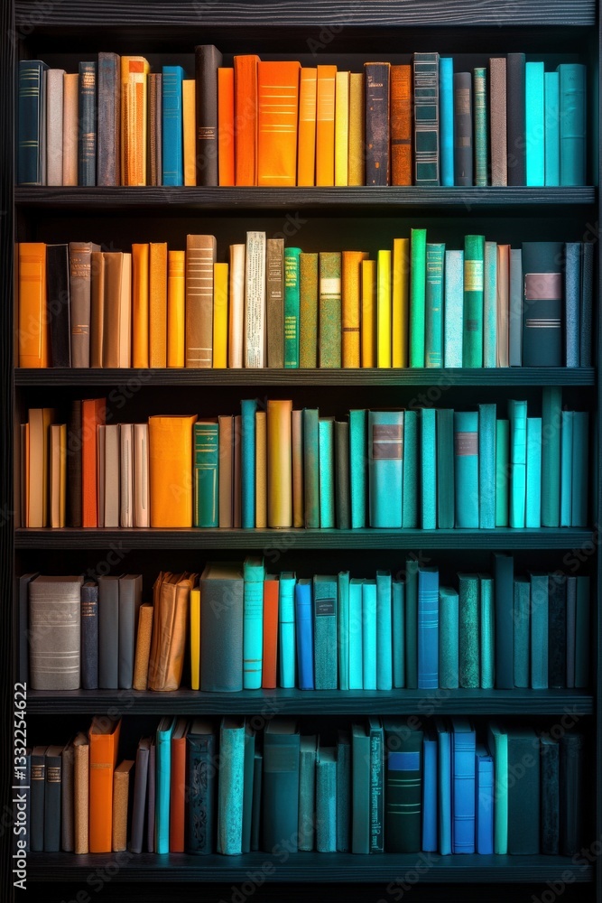 Poster a bookshelf with books glowing in different colors, symbolizing diversity in learning.