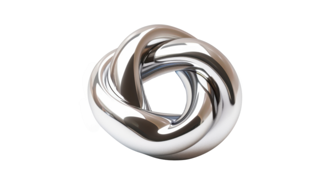 Shiny silver metal loop creating abstract knot on transparent background
