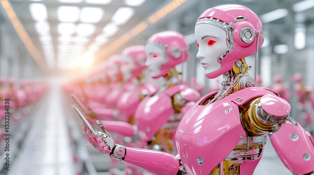 Poster pink robots' assembly line: a row of pink robots in a futuristic assembly line, with detailed design