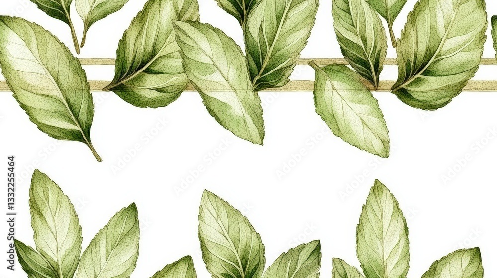 Poster botanical border: an elegant botanical design of hand-painted leaves forms a delicate border, perfec