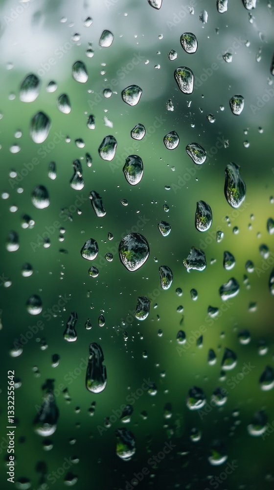Poster close-up view of raindrops on a window, showcasing their unique shapes and the blurred green backgro