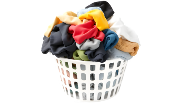 A laundry basket overflowing with colorful, crumpled clothes.