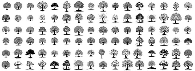 large collection of black and white tree silhouette vector icons
