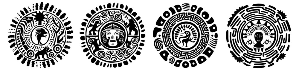 black and white vector collection of aztec and mayan calendar symbols