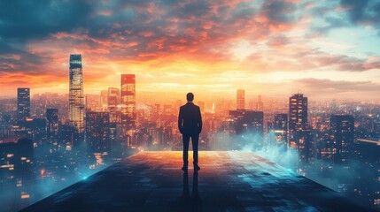 Businessman Silhouette Against Vibrant Cityscape at Sunset