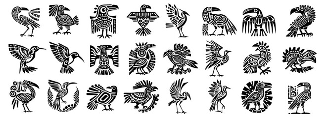 tribal bird totem vector illustration set in black and white