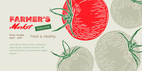 Tomato Trendy craft cover, banner, flyer with Vegetables for farmers market. Design template Hand-drawn sketch food to the harvest fair. Vector illustration in ink engraved style.