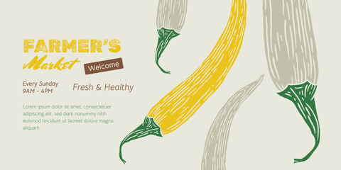 Chilli paper Trendy craft cover, banner, flyer with Vegetables for farmers market. Design template Hand-drawn sketch food to the harvest fair. Vector illustration in ink engraved style.