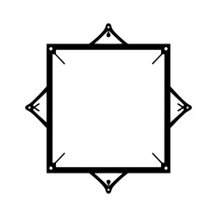 Geometric, minimalist, black square frame design with decorative pointed corners and hanging details, set against a clean white background.