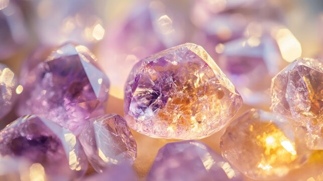 A display of exotic kunzite gemstones, glowing in delicate lilac and pink hues.