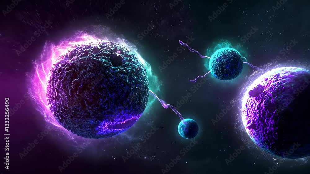 Poster Dynamic representation of cells interacting in a vibrant cosmic setting under a nebula-like background