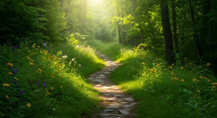 Fototapeta premium Sunlit Forest Path with Wildflowers and Green Trees