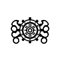 Stylized Black and White Gear and Knuckles Design, Geometric Symmetry, Circular Composition, Isolated on White Background.