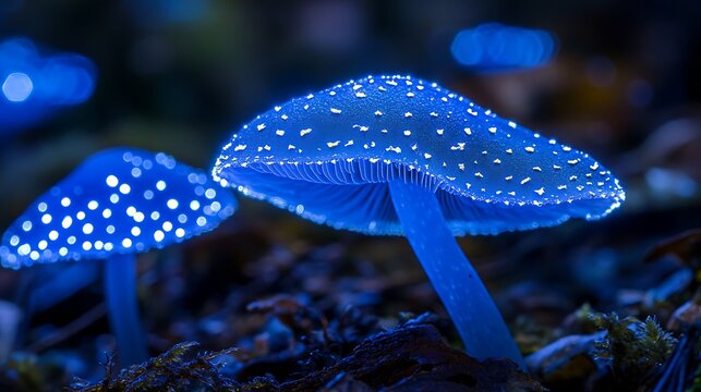 Glowing mushrooms with spots are illuminated in the dark forest