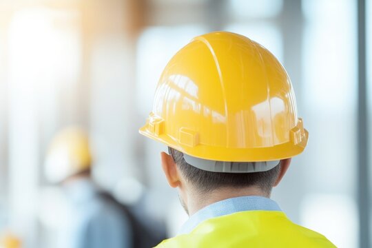occupational safety professionals engaging with workplace safety materials blurred workers in background