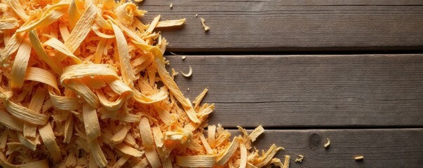 Thick curls of pine wood shavings against weathered pine board, rough texture, brown, close up