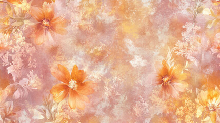 A textured floral pattern with expressive brush strokes, featuring wildflowers in shades of burnt orange, pastel pink