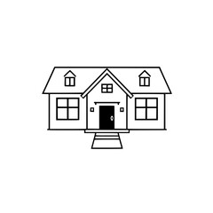 Minimalist black and white line art illustration of a classic house, featuring a gabled roof, dormers, windows, and a front door, set on a clean white background.