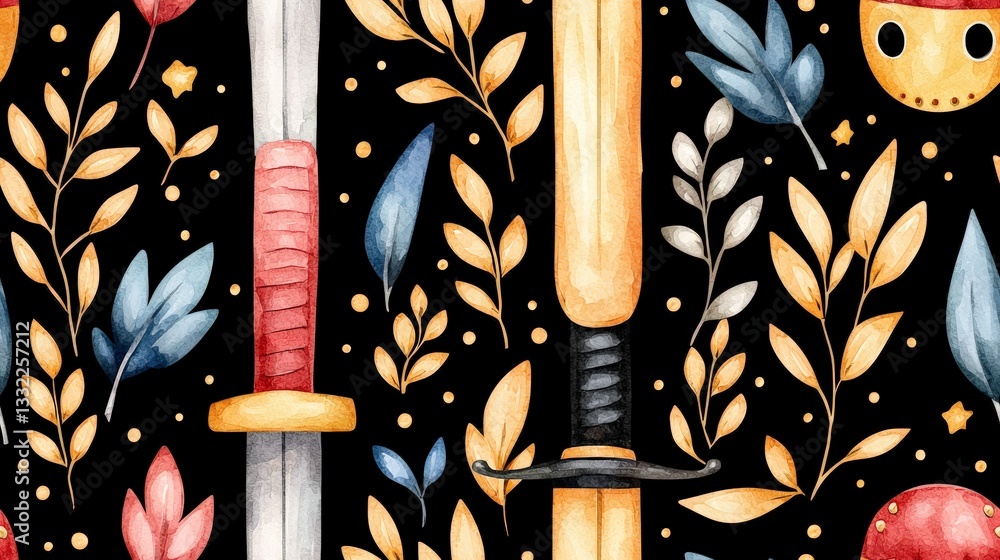 Poster swords and flora pattern: this seamless pattern features two swords with intricate details, elegantl