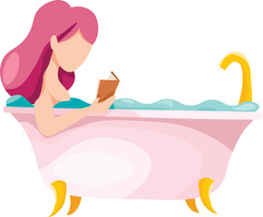 Woman lying in bathtub with book. Taking bath, Relaxation, hygiene, spa procedure, bathroom concept. Isolated vector illustration for poster, banner, cover, card.