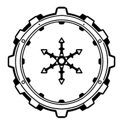 Black and white graphic of a snowflake-like symbol centered inside a gear, representing mechanics or industrial design on a white background.