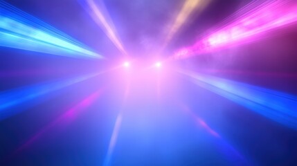 Obraz premium Abstract background with vibrant laser lights and neon rays in shades of yellow, pink, and purple, creating a dynamic nightclub atmosphere with fog effects on a dark blue backdrop. Captured with a Can