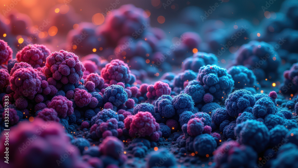 Poster a colorful microscopic view of molecular structures with a blend of warm tones and cool hues.