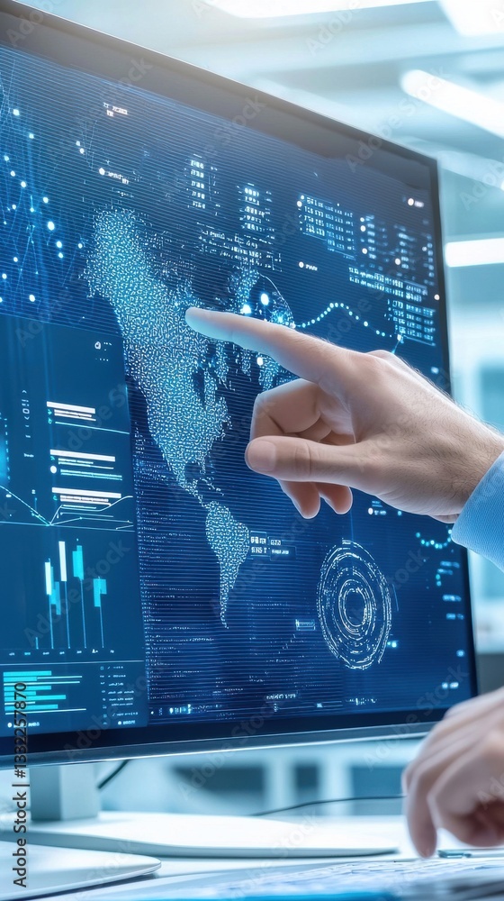 Poster business professional analyzing data on computer screen display