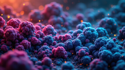 Fototapeta premium A colorful microscopic view of molecular structures with a blend of warm tones and cool hues.