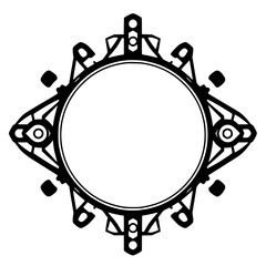 Symmetrical, Geometric, Art Deco-Inspired Black and White Circular Decorative Border with Ocular and Angular Elements.