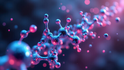Molecular structure with pink and blue atoms, showing medical science theme.