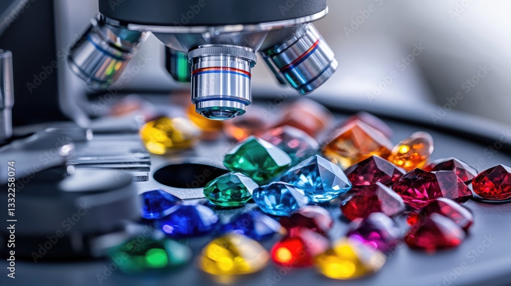 Poster a gemstone analysis laboratory with multiple high-tech microscopes and scattered precious stones.