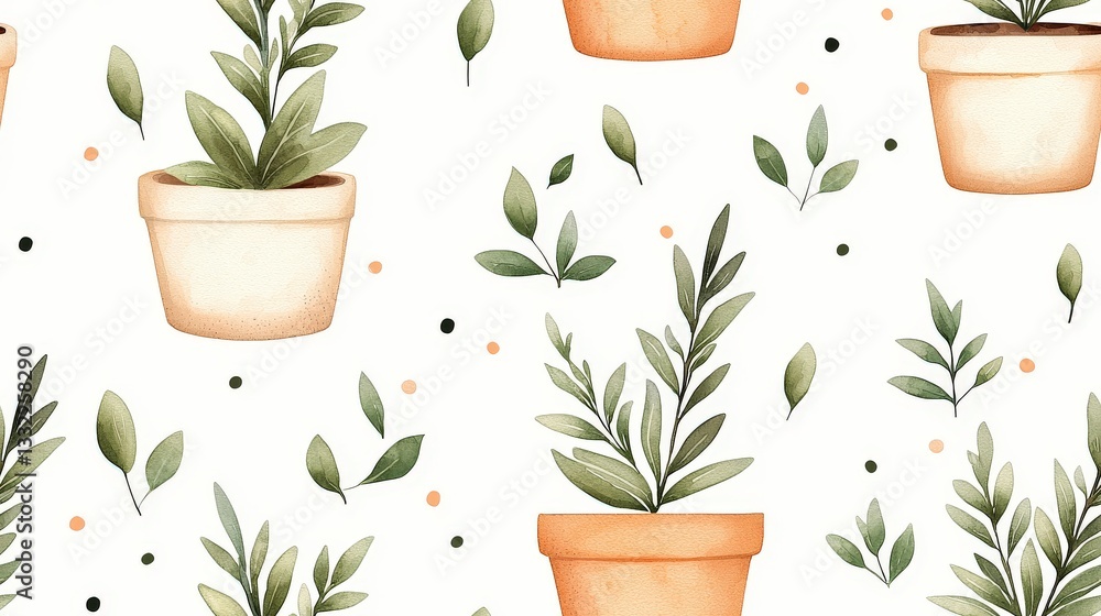 Poster botanical delight: a seamless pattern of potted plants and scattered leaves, creating a visually app