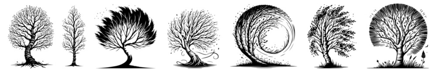 set of stylized artistic tree illustrations with abstract swirling and flowing branches