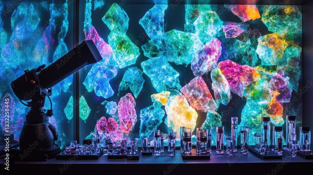 Poster a gemstone authentication lab equipped with spectrometers and cutting-edge analysis tools.