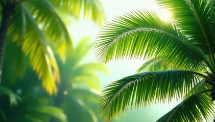 Fototapeta premium Vibrant green palms sway gently in a warm breeze , restful, leaves, beach