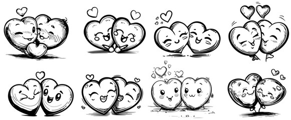 cute smiling hearts in love couple set silhouette vector black shape