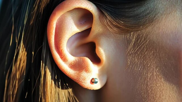 Close-up view of a woman's ear with a stud earring in natural light during late afternoon