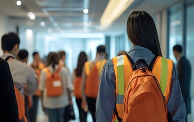 A group of individuals in safety vests and backpacks walk through a modern office corridor, showcasing teamwork and professionalism in a corporate environment.