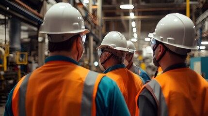 A group of workers in safety gear, including helmets and reflective vests, inspecting a manufacturing facility while ensuring safety protocols are followed during operations.