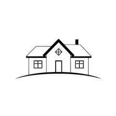 Clean Line Art of a White House with Black Outline, on a Gentle Hill, Simple Windows, and Chimney on White Background.
