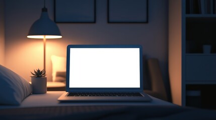Cozy Bedroom Setup with a Laptop on a Nightstand Illuminated by Soft Lamp Light, Creating a Relaxing Evening Atmosphere for Remote Work or Leisure Activities