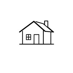 Simple Black Line Drawing of a Classic House with a Chimney, Window, and Door, on a White Background.