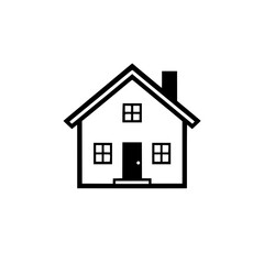 Simple, Clean House Icon with Chimney, Door, and Windows on White Background. Black outlines and filled features. Minimalist design.