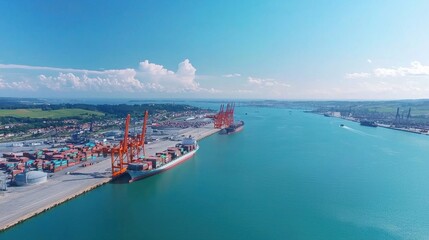 Aerial View of Busy Cargo Port with Cranes and Containers