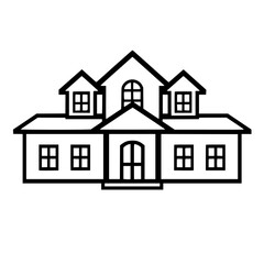Minimalist Black and White Architectural Vector Illustration of a House with Multiple Dormers, Windows, and a Front Door