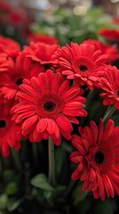 A stunning floral centerpiece featuring pink and orange gerbera daisies, roses, and greenery in a tall glass vase at a wedding reception.