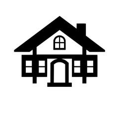 Minimalist Black and White Vector Illustration of a House, Featuring a Gable Roof, Dormer Window, Door and Windows, on a White Background.