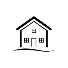 Minimalist black and white house icon on white background. Simple, modern design. Clean lines, three windows, and a door.